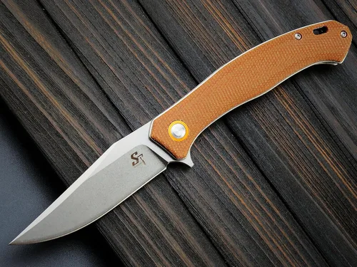 Vista 2 de Sitivien ST112 Cuchillo plegable, hoja D2 y mango de micarta, cuchillo herramienta EDC con clip de bolsillo para camping al aire libre, senderismo
