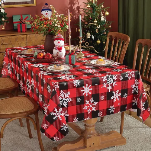 Vista 10 de Mantel de Navidad de vinilo con reverso de franela, rectangular, 52 x 70 pulgadas, patrón de bolas de Navidad, 100% impermeable, mantel de plástico