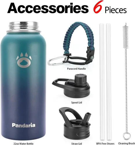 Vista 2 de Insulated Water Bottle 32oz, Stainless Steel Water Bottle with Straw & Spout Lids & Paracord Handle with Straw