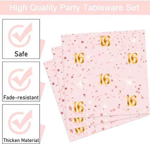 Vista 4 de 96 Piezas Platos y Servilletas de Fiesta de Cumpleaños Sweet 16 Color Oro Rosa Suministros para Fiestas Juego de Vajilla para Fiesta de Dieciséis