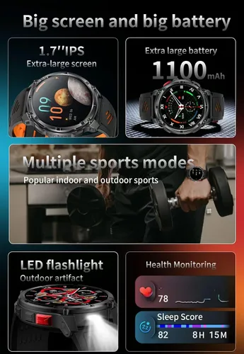Vista 11 de Relojes inteligentes múltiples modos deportivos para hombres con linterna, reloj inteligente para Android y iPhone, pantalla táctil HD de 1.7 Negro