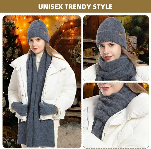 Vista 6 de Gorro de punto de invierno para mujer con guantes para pantalla táctil, gorro de pompón, bufandas para el cuello para hombres