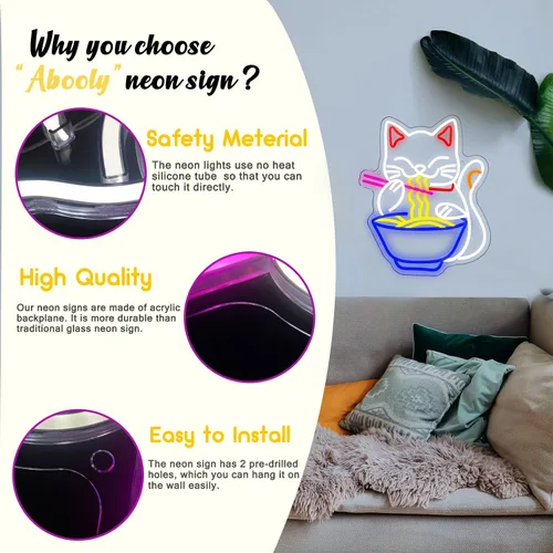 Vista 7 de Letrero de neón de gato de la fortuna Ramen, letrero de neón LED de gato de la suerte japonés regulable para decoración de pared, alimentado por USB