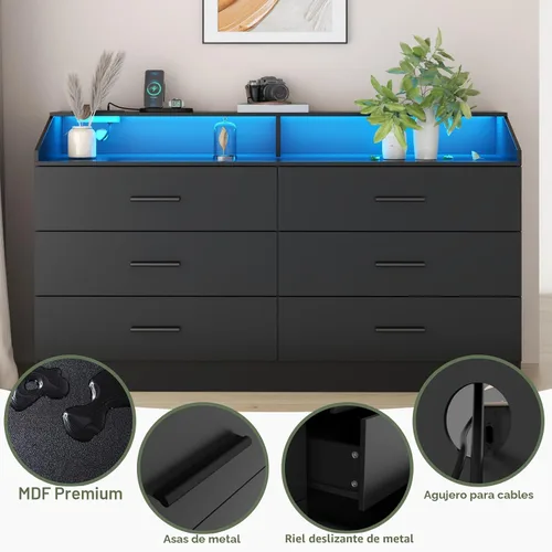 Vista 8 de Gyfimoie Cómoda de 6 cajones con toma de corriente, cómoda con luz LED, cómoda moderna con cubículo de almacenamiento abierto, organizador de Negro