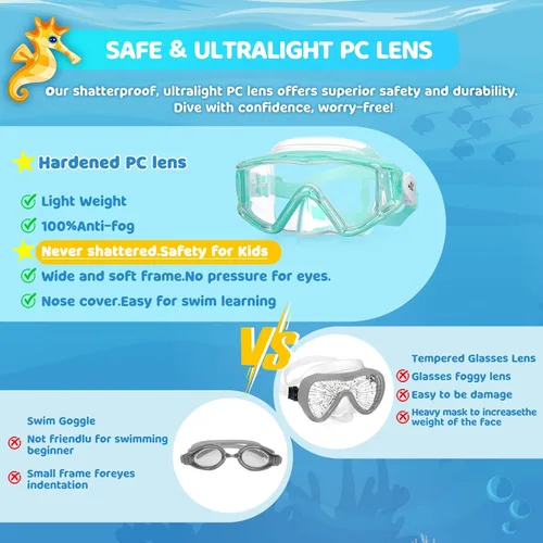 Vista 7 de Máscara de natación para niños, gafas de natación antivaho de 180° para niños, máscara de buceo, a prueba de fugas, con cubierta de nariz para niños