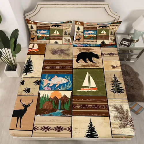Vista 3 de Juego de sábanas de cabaña retro marrón tamaño individual, juego de sábanas de retazos, oso del bosque, ciervos, juego de ropa de cama de madera