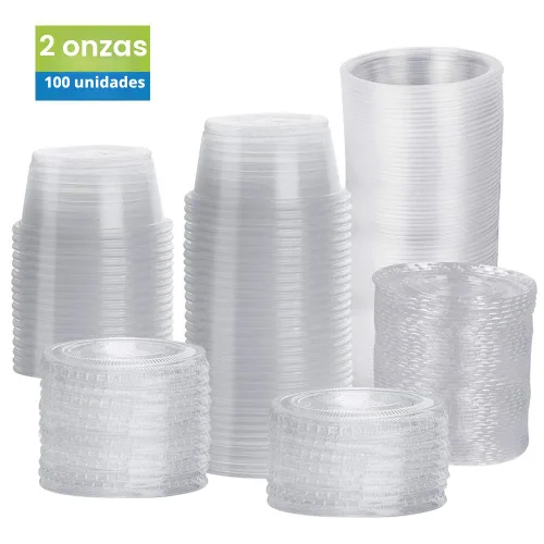 Vista 2 de TashiBox Juego de 100 vasos de plástico desechables con tapas, vasos de chupito de gelatina para soufflé