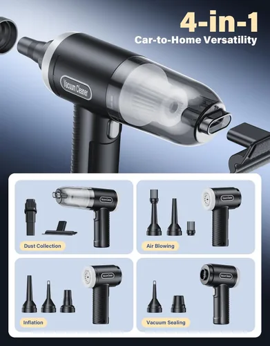 Vista 4 de Aspiradora portátil inalámbrica para automóvil, 9000 Pa, mini aspiradora de mano de alta potencia con la mejor succión, soplador de aire 4 en 1