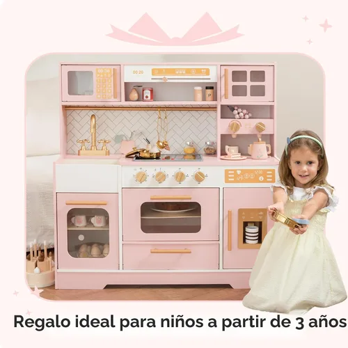 Vista 2 de Cocina de Juguete de Madera Rosa para Niños - Electrodomésticos Realistas, Almacenamiento y 15 Accesorios Divertidos para Inspirar