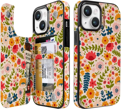 Vista 16 de uCOLOR - Funda tipo cartera para iPhone 15 con tarjetero y diseño de lunares con leche de almendra Bloqueo RFID de piel sintética para mujeres