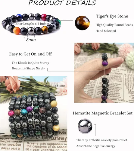 Vista 5 de JEWPARK - Juego de 8 pulseras de cuentas de hematita para hombres y mujeres, pulsera de piedra ajustable con energía curativa de 0.315in, pulsera