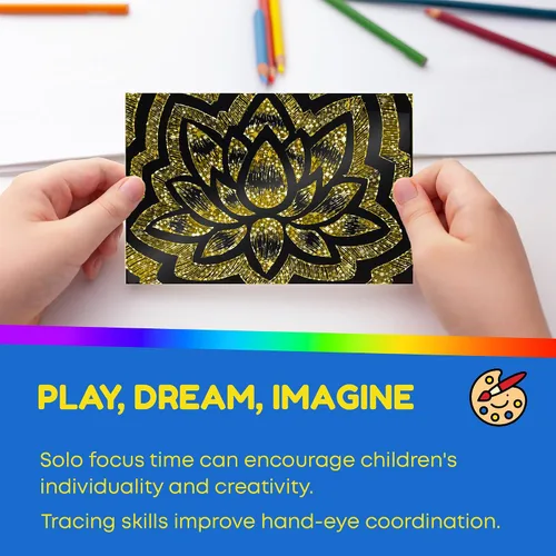 Vista 5 de Hygloss Juego de 100 hojas de arte para rascar, 4 x 6 pulgadas, negro mate, juego de arte para niños, incluye 100 papeles holográficos plateados u