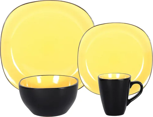 Vista 3 de HomeVss - Juego de vajilla de gres de 16 piezas en forma cuadrada, interior amarillo brillante + exterior negro mate