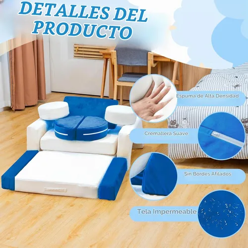 Vista 4 de Sofá modular de juego para niños, 13 piezas, con funda de terciopelo lavable, expansión instantánea de 5 segundos, espuma convertible y cojín