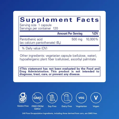 Vista 2 de Pure Encapsulations Ácido pantoténico Suplemento hipoalergénico que apoya la producción de energía celular, la salud suprarrenal y cardiovascular