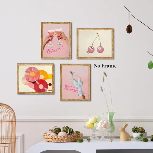 Vista 4 de JUIOEIU Juego de 4 impresiones artísticas de pared de barra rosa retro de moda, disco de vinilo vintage de la suerte de 8 bolas, pósteres artísticos