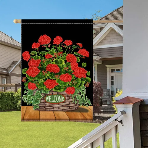Vista 2 de Fukeen Bandera de bienvenida con flores rojas de doble cara, 28 x 40 pulgadas, fondo negro con geranio, amapola floral, hojas verdes, plantas