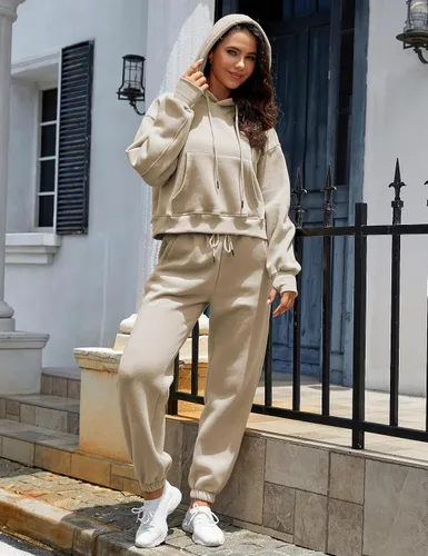 Vista 6 de Lianlive Conjunto de sudadera con capucha de forro polar para mujer, conjunto de dos piezas, sudaderas y pantalones deportivos