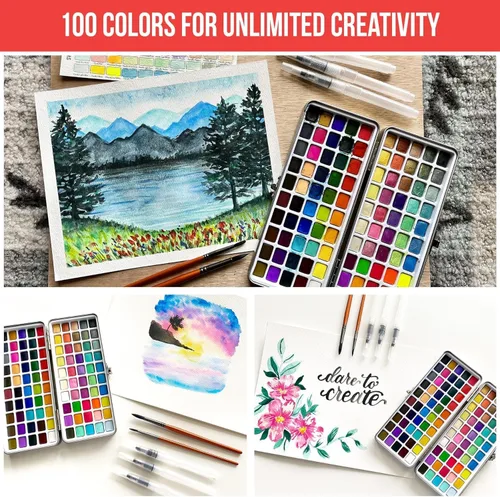 Vista 3 de Juego de pintura de acuarela premium con 100 colores brillantes y bloc de papel para principiantes y profesionales - Kit de pintura y suministros