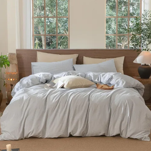 Vista 48 de MooMee Juego de funda de edredón a rayas 100% algodón lavado con textura parecida al lino, transpirable, duradero, suave y cómodo