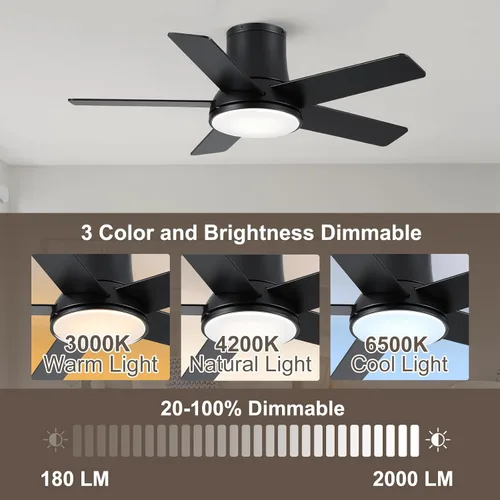 Vista 5 de Ventiladores de techo de 42 pulgadas con luces y control remoto, ventilador de techo negro de montaje empotrado para dormitorio, sala de estar
