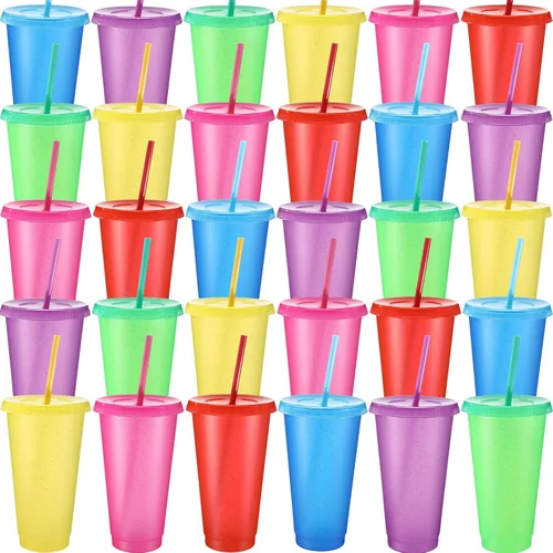 Vista 10 de Honeydak Paquete de 60 vasos con popote y tapa, vasos a granel para regalos, tazas de café de plástico con purpurina de 24 a 27 onzas, botella