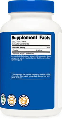 Vista 5 de Nutricost L-citrulina 2500 mg por porción, 60 porciones, 1250 mg por tableta, 120 tabletas - Suplemento sin OMG y sin gluten