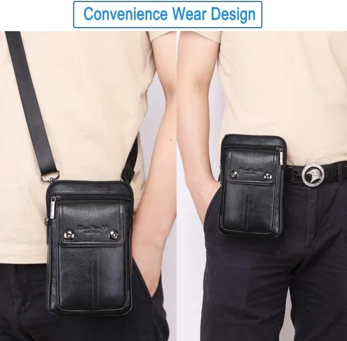 Vista 2 de Cuero Genuino Hombres Wasit Pack Con Correa De Cinturón De Hombro Bolsa De Teléfono Celular Style1-Negro