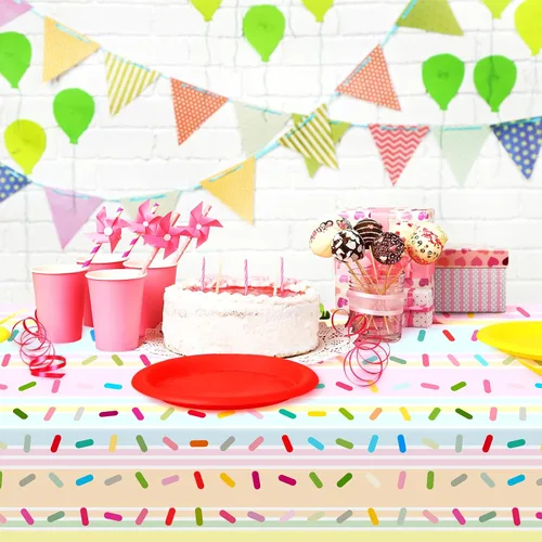 Vista 3 de Mindsoft 3 piezas de decoración de fiesta de cumpleaños con diseño de helado y sprinkles, mantel desechable con diseño de dona, mantel de plástico