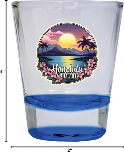 Vista 3 de Honolulu Hawaii B Souvenir - Vaso de chupito redondo de 1.5 onzas, color azul, paquete de 2
