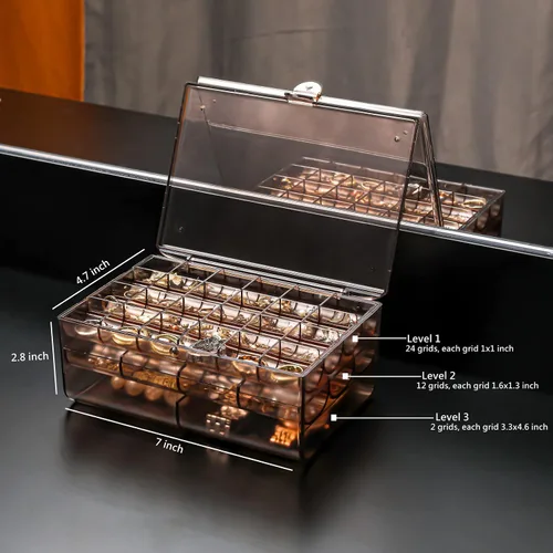 Vista 3 de HM KAMAN Soporte estético para joyas caja de almacenamiento de joyería de 38 rejillas cajas de joyería transparentes organizador de anillos adecuado