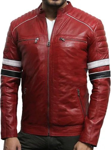 Vista 2 de Chaqueta de cuero negro para hombre - Cafe Racer Real piel de oveja de piel envejecida chaqueta de motocicleta