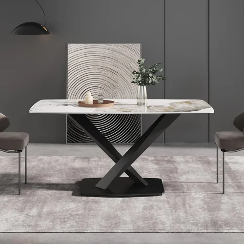 Vista 3 de Mesa de comedor moderna, mesa de comedor de piedra sinterizada blanca antigua con base de acero al carbono sólido en forma de X, mesa de comedor
