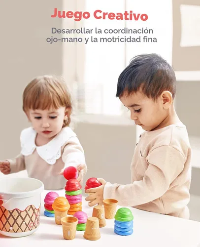 Vista 6 de JoyCat Juego de actividades de aprendizaje preescolar para helados, conteo y clasificación de colores, juguetes apilables para niños de 1 a 5 años