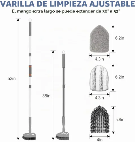 Vista 2 de SetSail Cepillo de ducha 3 en 1 para azulejos con mango largo ajustable y 3 cabezales de cepillo de repuesto desmontables para limpiar baño, paredes