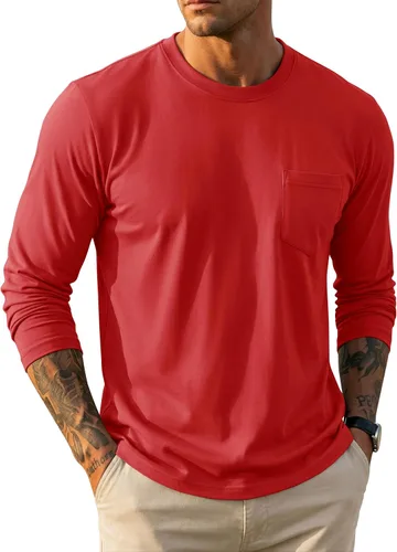 Vista 25 de MAGCOMSEN Camisa de manga larga para hombre con bolsillo, de algodón, cuello redondo, casual, ligera