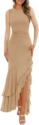 Vista 23 de BTFBM Maxi vestidos de mujer otoño 2026 manga larga vestido de invitada de Café