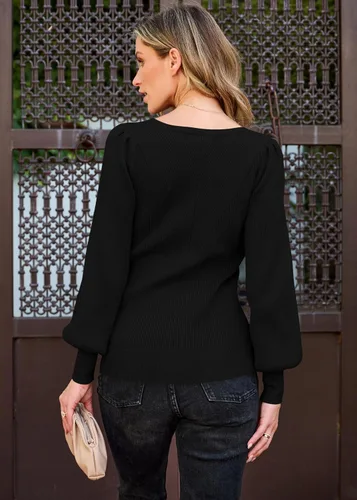 Vista 2 de TECREW Suéter de manga abombada con cuello redondo para mujer, estilo casual, acogedor, de punto, ajustado