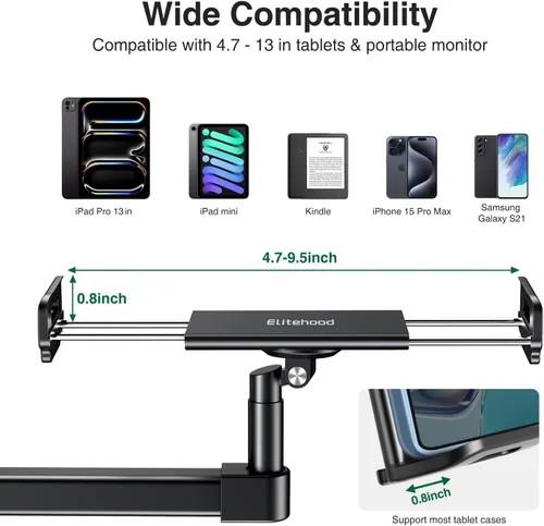 Vista 7 de elitehood Soporte de escritorio para iPad de brazo largo con base de montaje con ojales, soporte de aluminio resistente para tableta, soporte