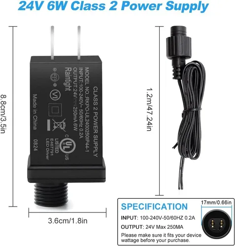 Vista 7 de Fuente de alimentación de 24 V clase 2, enchufe de EE. UU. Certificado UL IP44 impermeable transformador de bajo voltaje para luz navideña de 6 W