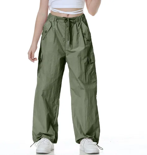 Vista 9 de Rolanko Pantalones de paracaídas para niñas, pantalones cargo Y2K con bolsillos, pantalones deportivos Harajuku para niños de 4 a 14 años