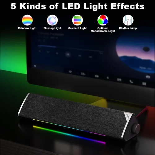 Vista 4 de SOULION Altavoces de computadora Bluetooth con cable alimentados por USB para PC de escritorio USB Plug & Play, 5 modos dinámicos de luces LED RGB