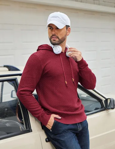 Vista 3 de COOFANDY Sudadera con capucha para hombre, casual, de manga larga, con cordón, de punto gofre, ajustada