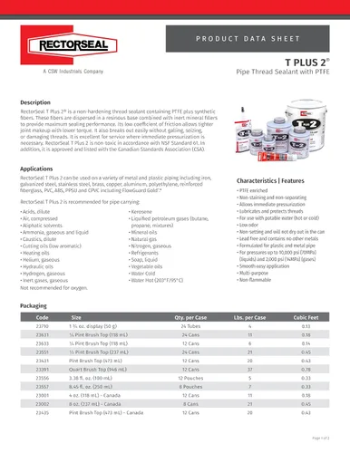 Vista 4 de RectorSeal T Plus 2 23710 Sellador para roscas de tuberías, no se endurece, fibras sintéticas, no contiene otros metales, enriquecido con PTFE