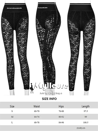 Vista 7 de Leggings ajustados de encaje sexy para mujer con cremallera cintura alta estampado de letras pantalones de malla transparente floral ropa de club