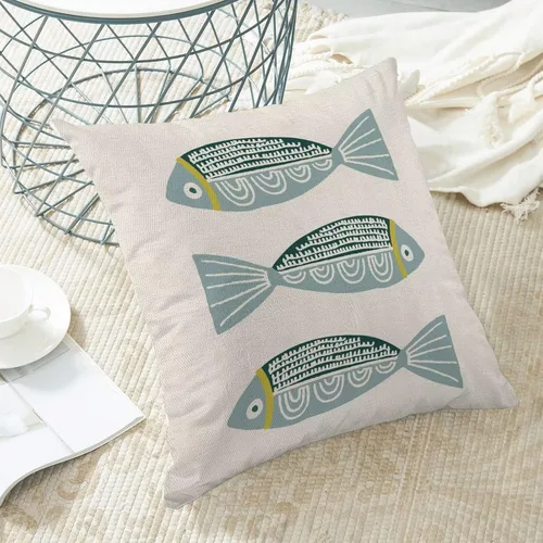 Vista 5 de AEIOAE Fundas de Almohada Costeras de 16 x 16 Pulgadas Juego de 2, Fundas Decorativas de Lino con Estampado de Peces Azules de Playa Oceánica