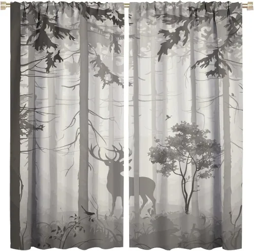 Vista 19 de Cortinas opacas con diseño de ciervos, bosque brumoso, rústico, vida silvestre, alce, montaña, pájaros, pino, bosque, cortinas de ventana