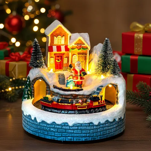 Vista 10 de MXwcy Decoración animada de pueblo navideño – Coro de iglesia iluminado y tren en movimiento en montaña nevada – Centro de mesa de estatua