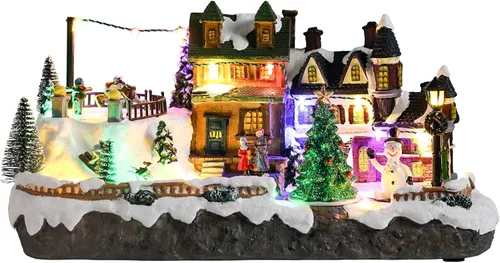 Vista 9 de Vipush Decoraciones de Casa de Pueblo Navideño de Resina Juego de Tren con Papá Noel Volador Decoración del Hogar Interior Figuras de Edificios Tren