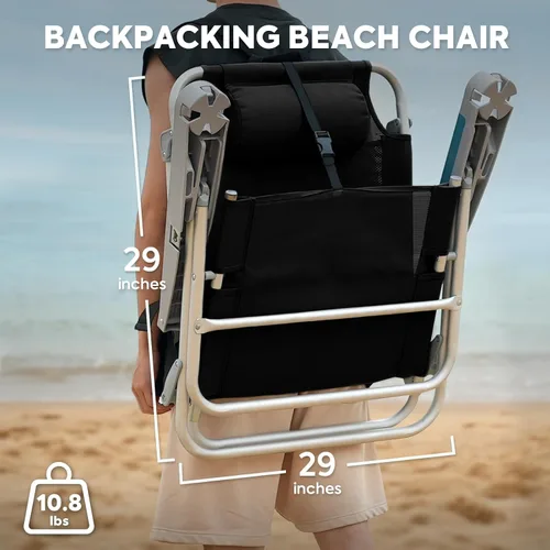 Vista 2 de ICECO Sillas de playa de mochilero para adultos, 5 posiciones reclinables, sillas de playa plegables de alta resistencia, silla plana portátil